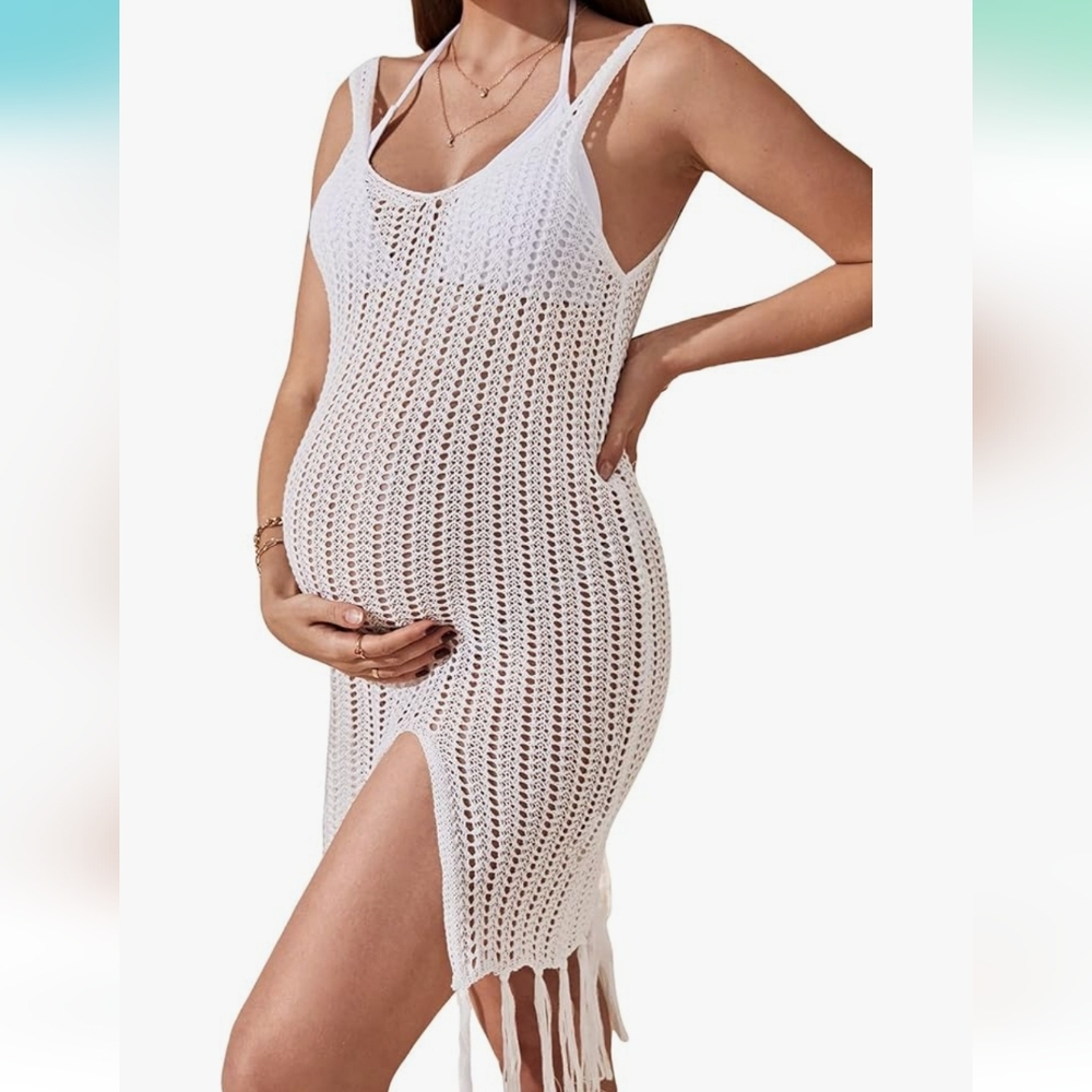 Maternty Fringe Swimsuit Cover-Up Open Slit, White, M